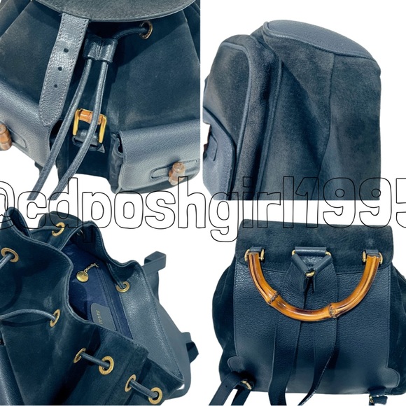 GUCCI by Tom Ford navy blue top Bamboo handle backpack suede Nubuck vintage 90s - Picture 11 of 16